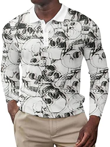 חולצות פולו ליל כל הקדושים של XXBR לגברים, שלד שרוול ארוך גרפי מצחיק הנלי כפתור גולף גולף תלבושות מסיבות חולצה
