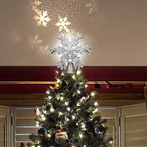 טופר עץ חג המולד עם מקרן שלג תלת מימד, LED סיבוב פתית שלג חג המולד מנורה קלטת מנורת אור, נצנצים נוצצים חלולים מוארים