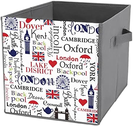 דפוס לונדון פחי אחסון מתקפלים יסודות קוביות קוביות אחסון בדים קופסאות מארגנים עם ידיות