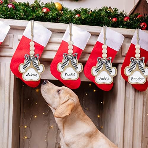 12 חלקים גרבי חג המולד תגיות שם תגיות עץ תגי גרב עץ כלב הדפסת תגי עץ תלויים לגרביים עם קשתות משובצות וחרוז