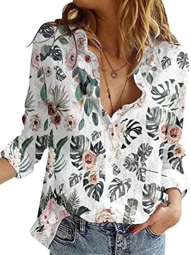 חולצה מודפסת פרח פרחית של נשים כפתור פרוע למעלה V UP VECH חולצה עליונה חולצות שרוול ארוך חולצות סתיו רכות קרדיגן
