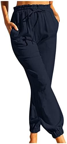 מכנסי פשתן כותנה לנשים CHGBMOK מכנסיים המותניים המותניים המותניים עם כיסים מכנסי משקל קל בצבע אחיד מזדמנים