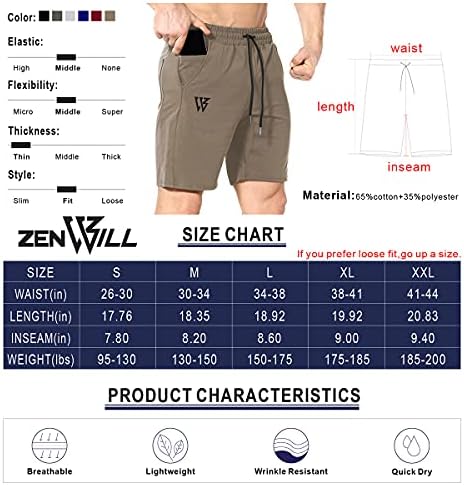 Zenwill Mens Grain מכנסיים קצרים, אימון מכנסי כושר פיתוח גוף אימון עם כיסי רוכסן