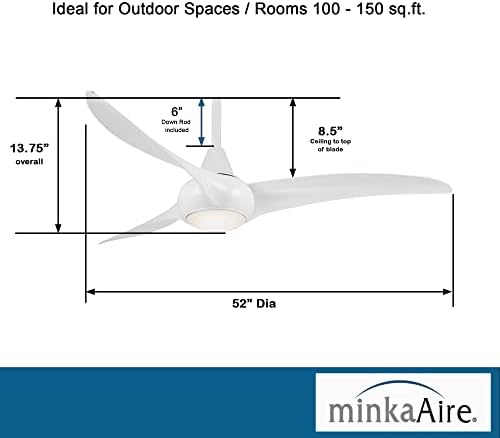 מאוורר תקרה של מינקה-אייר 844 וואט גל אור 52 אינץ ' עם תאורת לד משולבת בגימור לבן, עם מטה נוסף