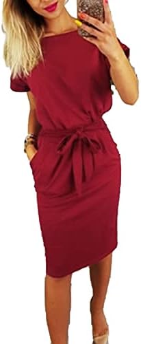 נשים של קיץ קצר שרוול צווארון עגול שמלת בסיסי מוצק עניבת מותניים שמלות כיסים אלגנטי מזדמן עיפרון שמלה עם חגורה