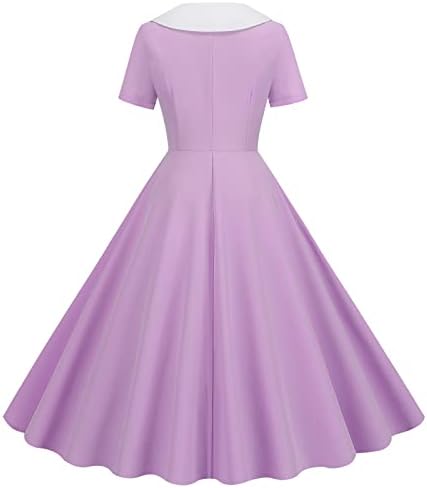 מקרית שמלות לנשים 1950 בציר עם צווארון דש נדנדה שמלה קצר שרוול כפתור נמתח נדנדה ערב מידי שמלה