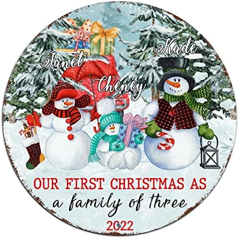 חג מולד שמח שלט חג המולד הראשון כמשפחה של שלושה איש שלג עגול מתכת עגול שלט פח חיצוני קישוטים לחג המולד