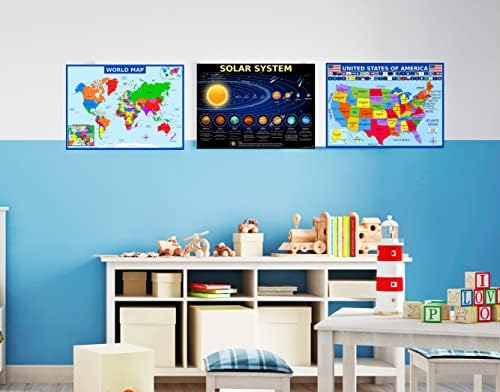 מפת העולם, מפת ארצות הברית ופוסטר מערכת השמש עם תכונות נוספות-כרזות למינציה 14 על 19.5 בחינוך, קישוטים בכיתה,