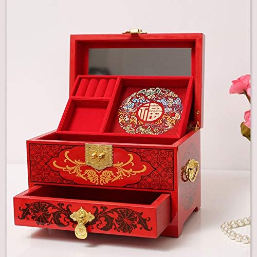 אמרס מעודן - תכשיטי קופסא תכשיטים עתיקים מזרחי עץ תכשיטי תיבת מקרה אחסון עם אדום לכה מראה על ידי יד צבוע