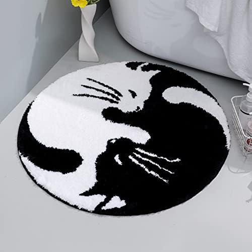 שחור לבן חתול אמבטיה שטיח, יין יאנג עגול אמבטיה שטיח, חמוד יפה חיות אמבטיה מחצלת, רחיץ מיקרופייבר החלקה