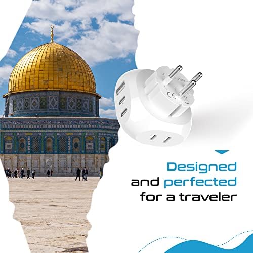Ceptics Israel, Palestine Travel Plug Adapter - Type H - 5 Input with 20W PD-QC 3.1A Dual USB-C and USB