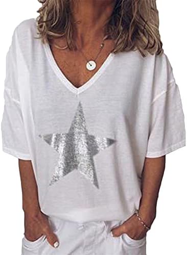 Andongnywell נשים נ 'צוואר הדפס מוצק פנטגרם חולצות T מזדמן חולצות מתאימות רופפות חולצות טוניקה של שרוול