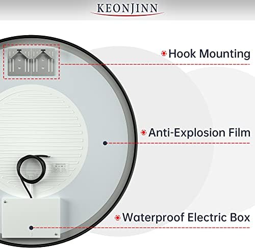 מראה עגולה של Keonjinn LED, מתכת שחורה 24 אינץ 'ממוסגרת עגולה עגולה מראה אמבטיה, מראה יהירות מעגל קדמית עם אורות,