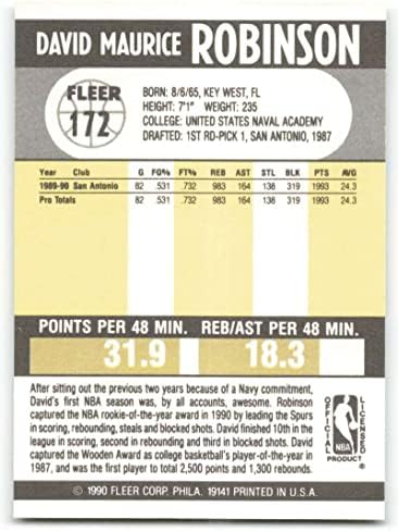 1990-91 FLEER 172 דייוויד רובינסון NM-MT SAN ANTONIO SPURS מורשה כרטיס מסחר בכדורסל NBA