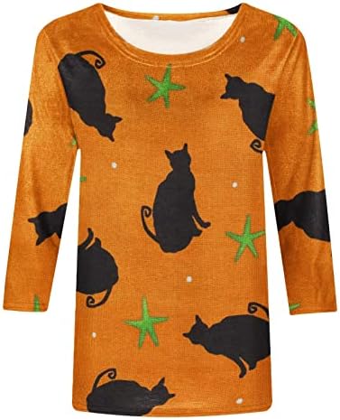 פסטיבל נשים ליל כל הקדושים בראנץ 'חולצות 3/4 שרוול חולצות טופ חולצות קרקע דלעת דלעת חתול רופף בכושר טשירטים חמודים