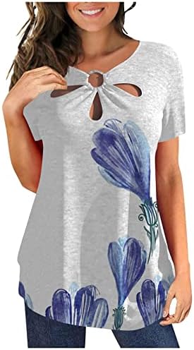 צמרות מודפסות לנשים Pejock 2023 פרחים נופים מזדמנים חולצת טריקו חור מפתח קיץ צוואר צוואר