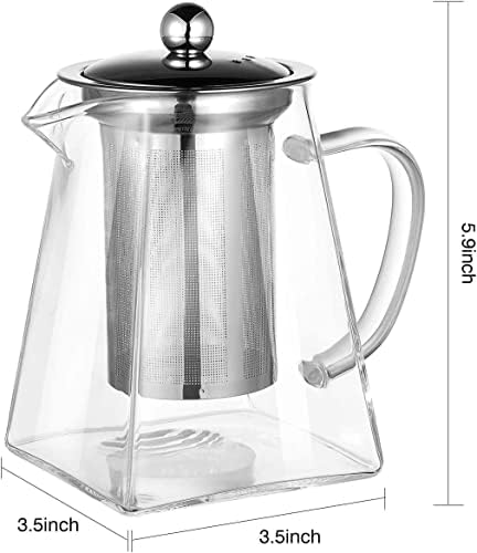 קומקום זכוכית מרובע אוטופ עם סיר תה בורוסיליקט 500 מל עם מסננת, סירי תה עלים צלולים לתה רופף