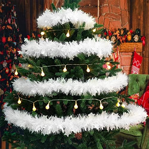 65 רגל טינסל טינסל גרלנד, זר טוויסט מטאלי לבן, גרלנד לבן טינסל חג המולד לזרום עץ חג המולד זר יום הולדת