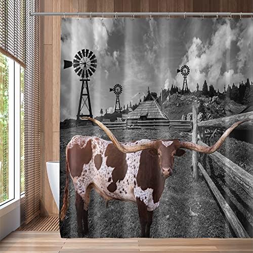 QZJDX Longhorns וילון מקלחת פרה לאמבטיה טקסס בקר מערבית חווה חווה גדר עץ חווה טחנת רוח אסם אסם שחור לבן