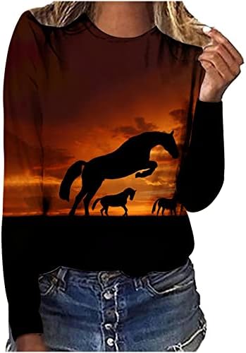 דפסת סוס גרפית חידוש חולצת טריקו שרוול ארוך לנשים בני נוער חובבי סוסים חובבי סוס חולצה