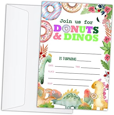 RLCNOT כרטיסי הזמנות ליום הולדת עם מעטפות סט של 20 - סופגניות ודינוזאור הזמנות למסיבת יום הולדת לילדים,