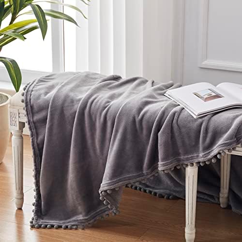 שמיכת מיטת צמר נמלית ביותר עם פומפום קווין קווין בגודל שמיכה אפורה כהה, שמיכת נשימה קלה בכל העונה למיטה, ספה,