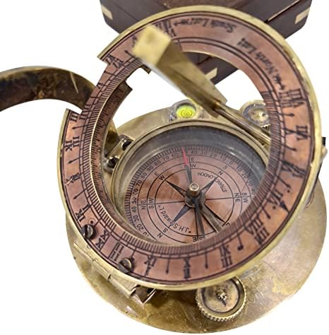 Collectibliblesbuy Sundial Compass Vintage גימור עתיק עם קופסה, 3 אינץ ', מכשיר ניווט חום כיס קטן מתנה ימי