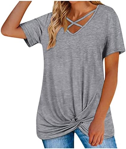 נשים קיץ חולצות צווארון כריס צלב מול טוויסט למעלה חולצה מתגנדר קצר שרוול טוניקת חולצות מקרית רופף מתאים חולצות