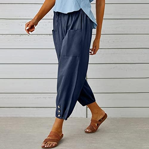 מכנסי פשתן של MXGYNXP מכנסי פשתן קיץ מזדמן רופף רופף מכנסי מותניים גבוהים קפרי יוגה מכנסי טרנינג רגל