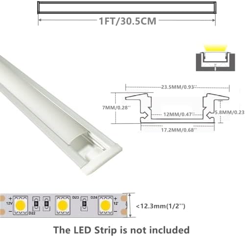 Thmoother שקוע LED Strip Strip Diffuser 6-Pack 1ft, 23.5x7mm מסלול אלומיניום עם אוגן