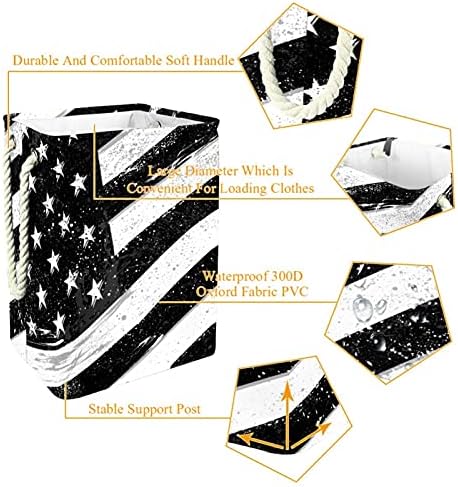 סל כביסה של דגל אמריקאי שחור ולבן פגום מארגן מלבני מתקפל למבוגרים יוניסקס, נערות נוער, בנים, פחי אחסון