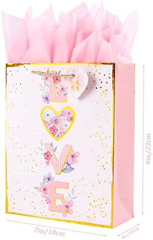 פיל-חבילה 9 בינוני זהב רדיד פרח מתנת תיק עם רקמות נייר וכרטיס ברכה, עבור בנות נשים יום הולדת מתנת אריזה, אמהות