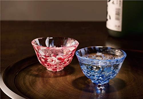 Tsugaru Biidoro, כוסות סאקה זכוכית בעבודת יד, סט של 2, ורוד וכחול