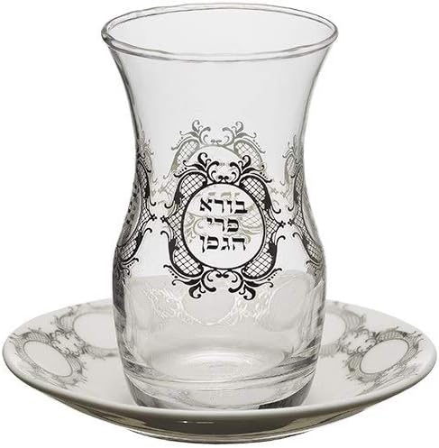 גביע קידוש מזכוכית עם צלחת קרמיקה תואמת-גביע יין בעיצוב דקורטיבי בצורת אגרטל לשבת ולהבדלה-יודאיקה