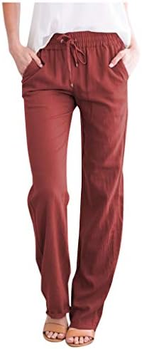 מכנסי פשתן כותנה מזדמנים קיץ לנשים מכנסי רגל רחבים עם כיסים רופפים בכושר צבע אחיד מכנסי רגל ישר מכנסי חוף