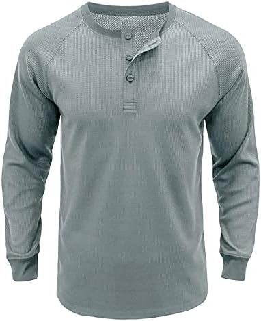 חולצות טי של Ozmmyan לגברים שרוול ארוך וופל בצבע אחיד חולצה תחתית חולצה ללא כפתור צווארון צוואר