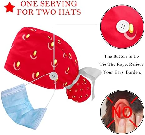 כובעים רפואיים לנשים עם כפתורים שיער ארוך, כובע עבודה מתכוונן 2 חלקים, הדפס תות אדום