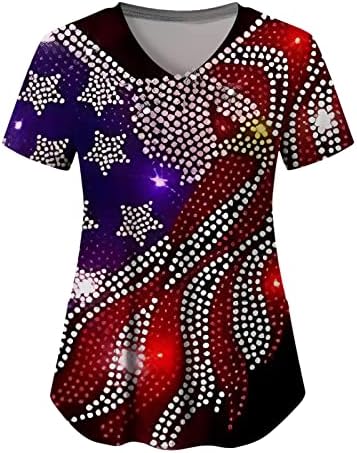 4 ביולי חולצות לנשים דגל ארה ב קיץ שרוול קצר חולצת צווארון עם 2 כיסים חולצה למעלה בגדי עבודה מזדמנים לחג