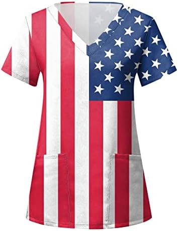 4 ביולי חולצות חולצות לנשים דגל ארהב דגל קיץ שרוול קצר צווארון V עם 2 כיסים לבגדי עבודה מזדמנים מצחיקים