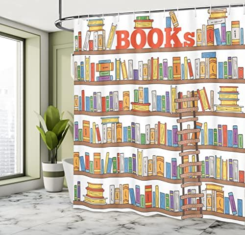 וילון מקלחת מודרני של אמבסון, מדף ספרי ספרייה סולם קמפוס חיי קריקטורה איור, סט עיצוב אמבטיה בד מבד