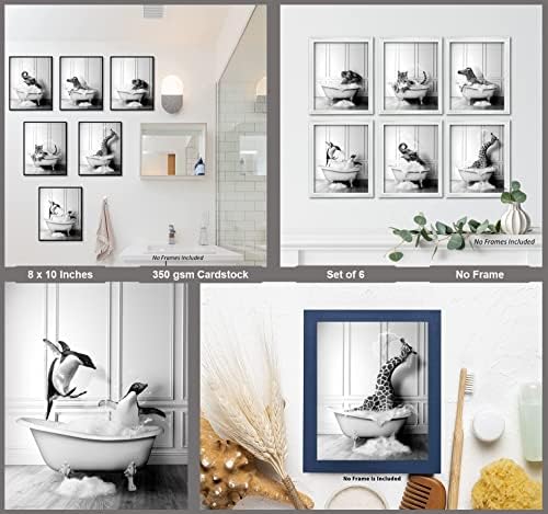 אמנות קיר מקפיץ לחדר אמבטיה מצחיק - סט ממוסגר של 6 - תפאורה לקיר אמבטיה, עיצוב אמבטיה שחור ולבן, עיצוב אמבטיה