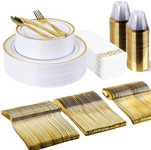 175 חתיכה זהב כלי אוכל סט עבור 25 אורחים, פלסטיק צלחות חד פעמי למסיבה, כולל: 25 זהב רים ארוחת ערב צלחות,