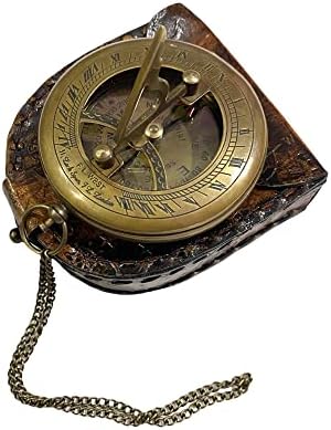 Esraarts-prass Sundial Compass עם כיסוי עור וכפתור שרשרת/לחיצה מצפן/כיס מצפן קמפינג, טיולים רגליים