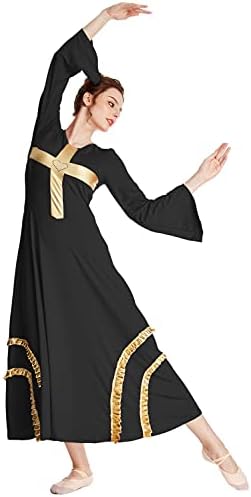 Rexreii נשים שבח שמלת פולחן צולב שרוול פעמון רופף בכושר ראפלס מטאלי שמלה ליטורגית תחפושת חלוק ריקוד