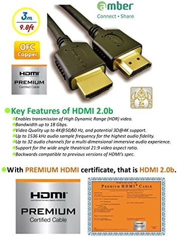 AMBER 4K Ultra HD Premium Sapid Sapid High HDMI עם Ethernet, A-A, OFC, 18GBS, 3M/9.8 רגל, Premium