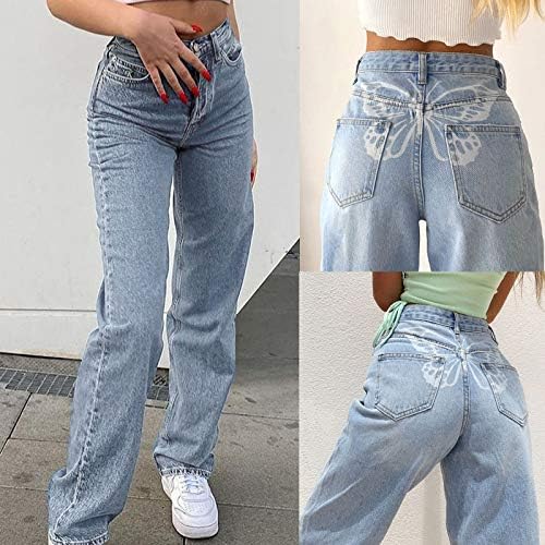 מכנסי ג'ינס מותניים גבוהים לנשים כפתור מודפס מזדמן רופף חותלות רופפות מכנסי מכנסי ג'ינס רזים במצוקה