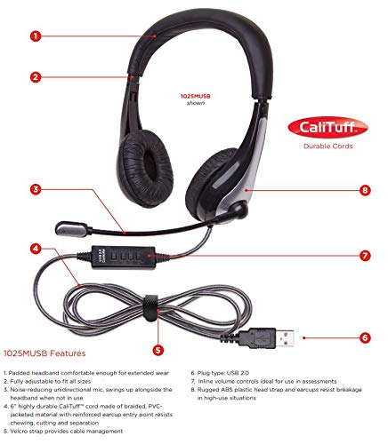 Califone 1025MUSB Neotech 1025MUSB אוזניות עם מיקרופון של אווז, שחור/כסף
