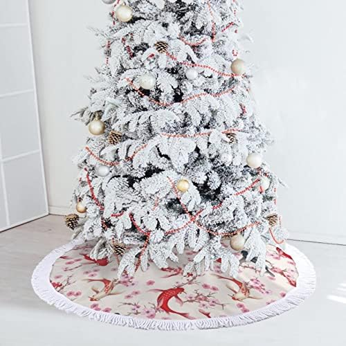 פרחי דובדבן דגים קוי יפניים הדפס חצאית עץ חג המולד עם ציצית למסיבת חג מולד שמח תחת עץ חג המולד