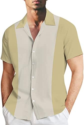 גברים של בציר באולינג חולצה קצר שרוול מזדמן כפתור למטה קיץ פס צבע בלוק גואיאברה חוף חולצות