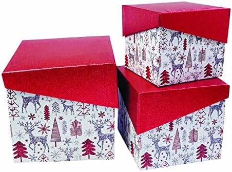קופסאות מתנה לקינון חג המולד - עצי נצנצים בצבע בורדו אדום כסף לבן ואיילים לאריזת מתנה ועיצוב מסיבת חג